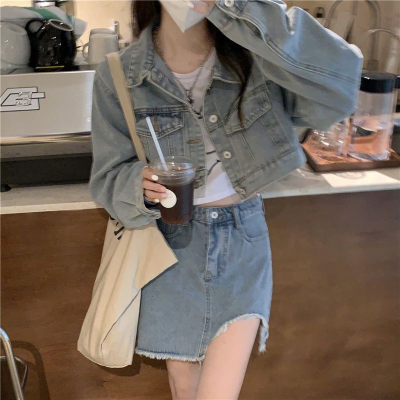 Set Áo Khoác Kèm Chân Váy Jean Xanh Phong Cách Hàn Quốc ❤️