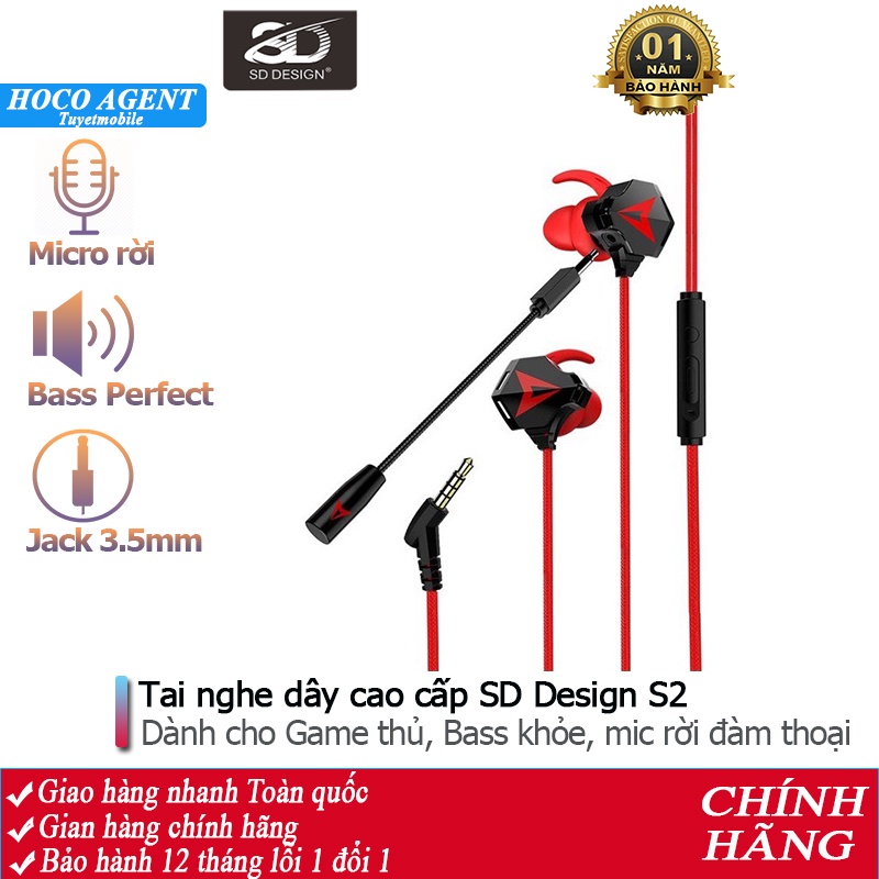 Tai nghe nhét tai SD - S2 dành cho Game thủ, mic rời, nghe cực hay, dây dài 1.2m - Chính hãng