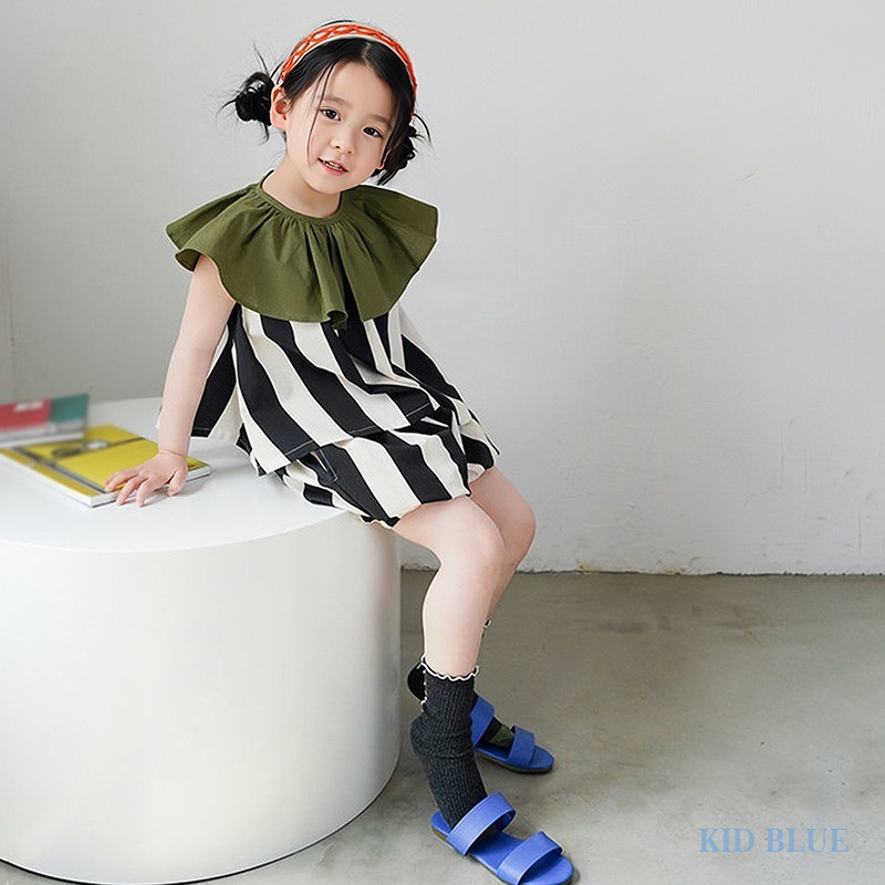 Bộ Áo Cổ Lá Sen Họa Tiết Kẻ Sọc + Quần Short Thời Trang Mùa Hè Phong Cách Hàn Quốc Cho Bé Gái