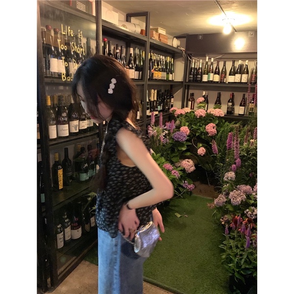 Áo babydoll hai dây đen hoạ tiết trái tim dễ thương Daliah Top Yannie