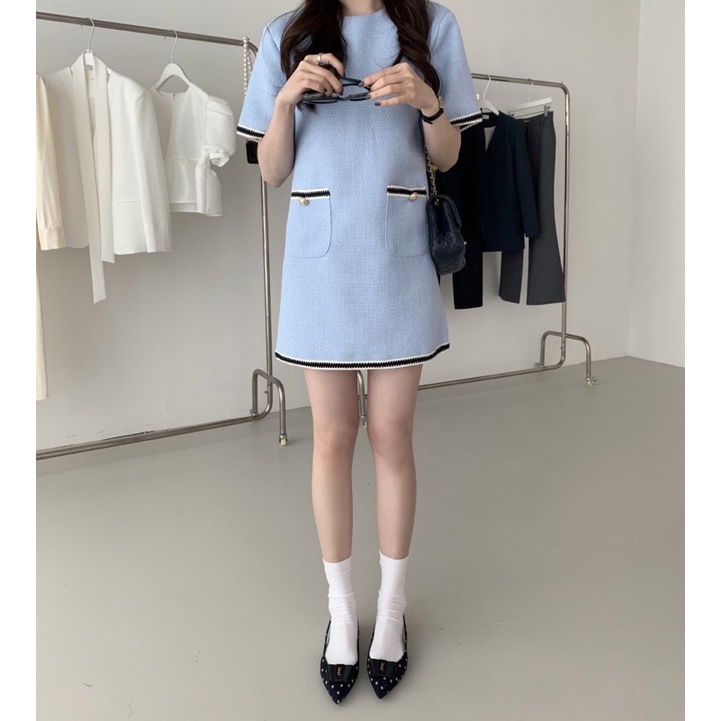 Đầm Dạ Tweed Cổ tròn Tay Ngắn 2 Túi Màu Sắc Trang Nhã