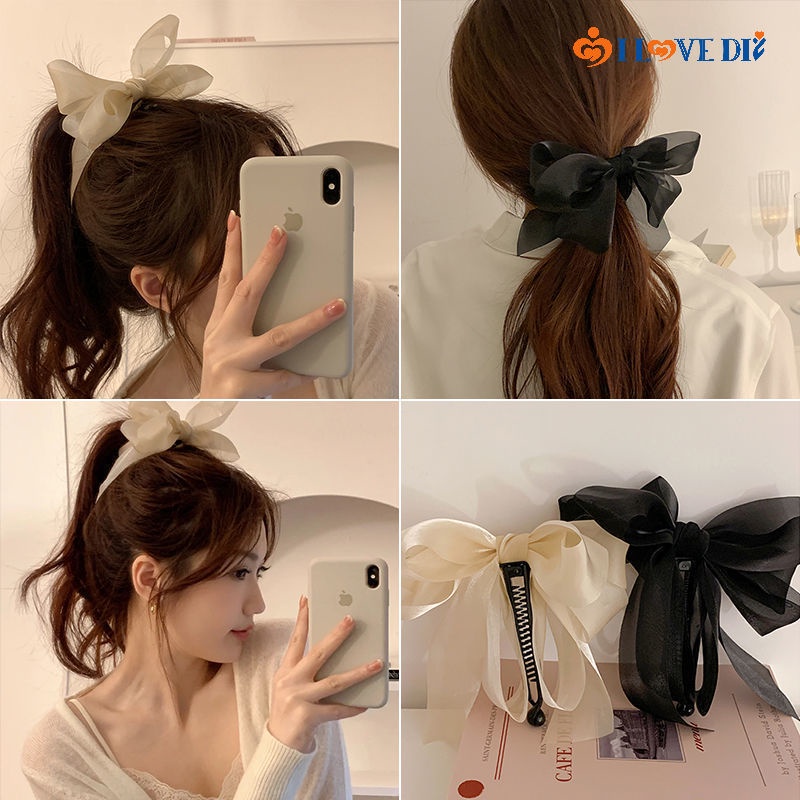 Kẹp Tóc Nơ Bằng Vải Voan Phối Lưới Co Giãn Màu Trơn Phong Cách Cổ Điển Thanh Lịch Dễ Phối Đồ
