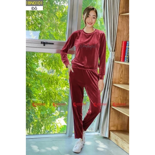 Bộ Nhung Nữ CARDINA Cao Cấp Thiết Kế Thêu Chữ Mềm Mại Nữ Tính