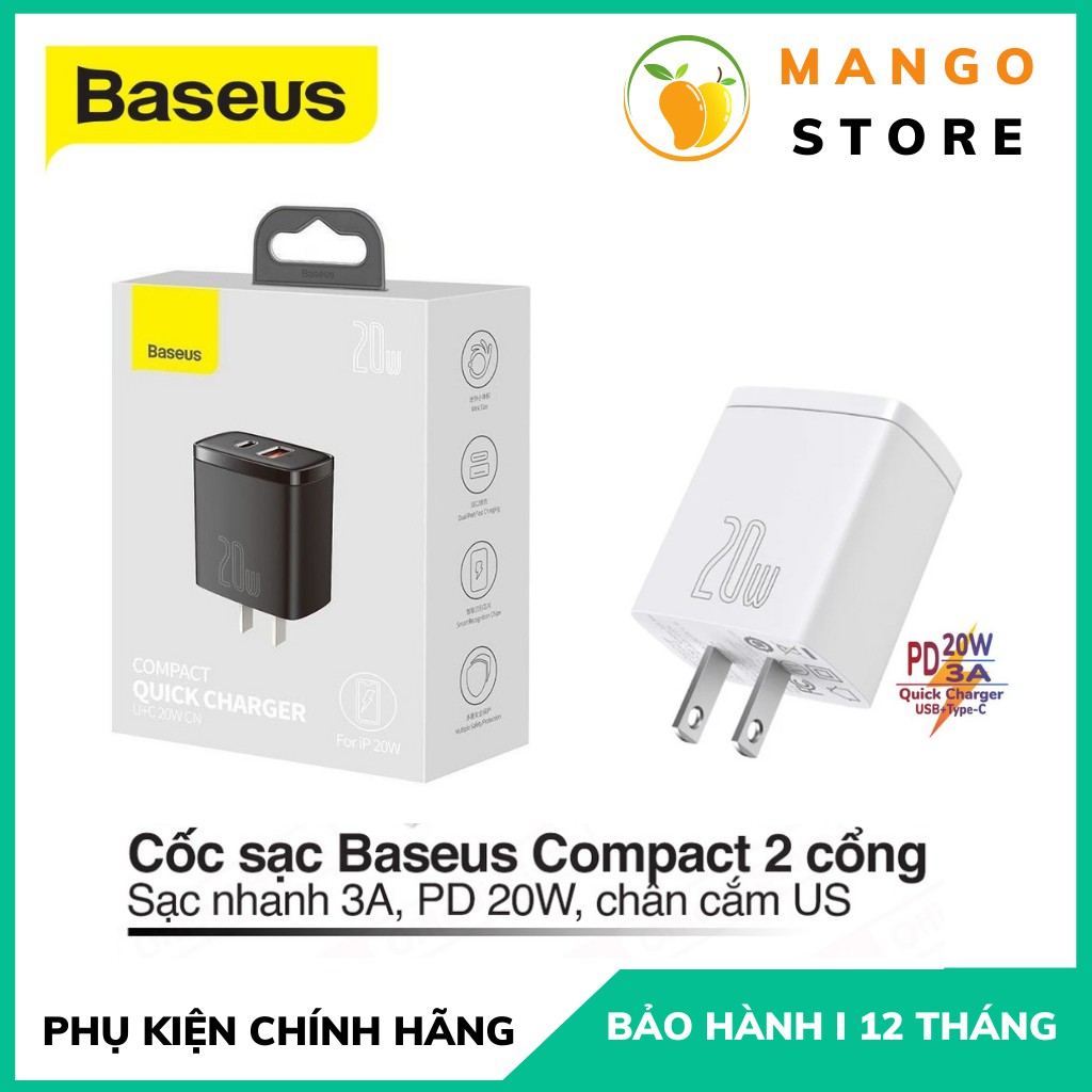 Củ sạc nhanh 20w cho iphone ipad samsung xiaomi oppo đầu sạc typec và usb qc 3.0 thiết kế nhỏ gọn chính hãng baseus