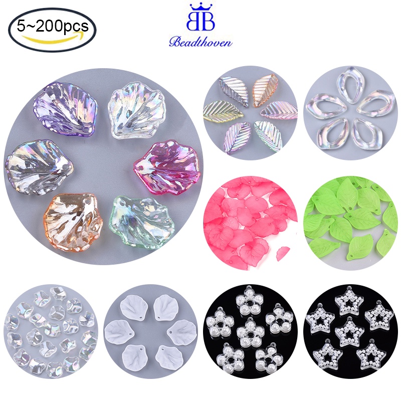 Bộ 5-200 Mặt Dây Chuyền Acrylic Trong Suốt Hình Chiếc Lá 19x17x4~5mm 1.2mm Làm Trang Sức DIY