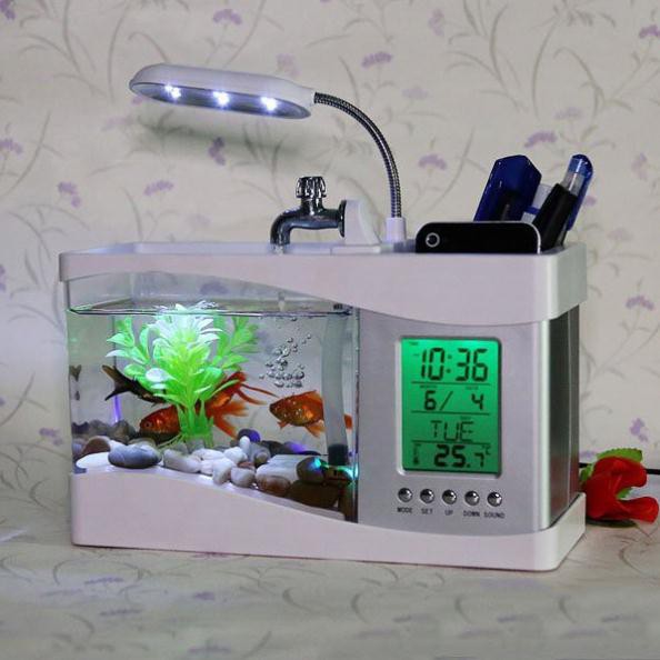 [SIÊU PHẨM] Bể cá thủy sinh mini để bàn siêu dễ thương, kiêm đồng hồ màn hình led (có tặng kèm đá và cây cảnh)