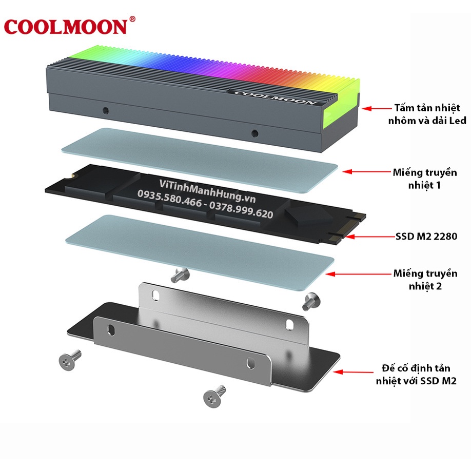 Tản nhiệt SSD M2 2280 CoolMoon CM-M2A, Led 5V ARGB, đồng bộ Hub CoolMoon hoặc Mainboard.