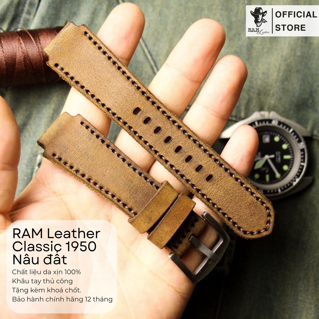 Dây Đồng Hồ Da Thật RAM Leather 1950 Nâu Đậm Da Bò Cho Casio AE 1200 WHD và đồng hồ dây 18mm  Bền Đẹp