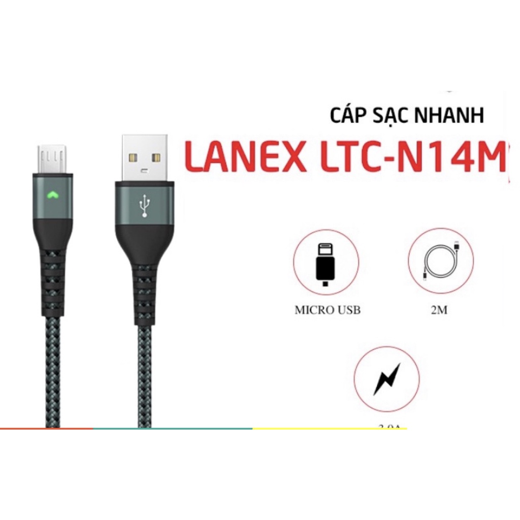 Cáp sạc nhanh LANEX LTC - N14M dây dù 3.0A, cổng kết nối Micro USB, dài 2m, có đèn led