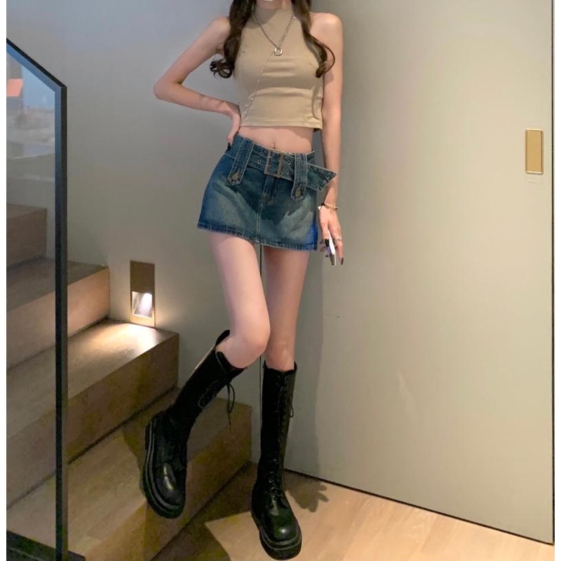 Chân váy jean Xiaozhainv kiểu chữ A lưng cao thời trang