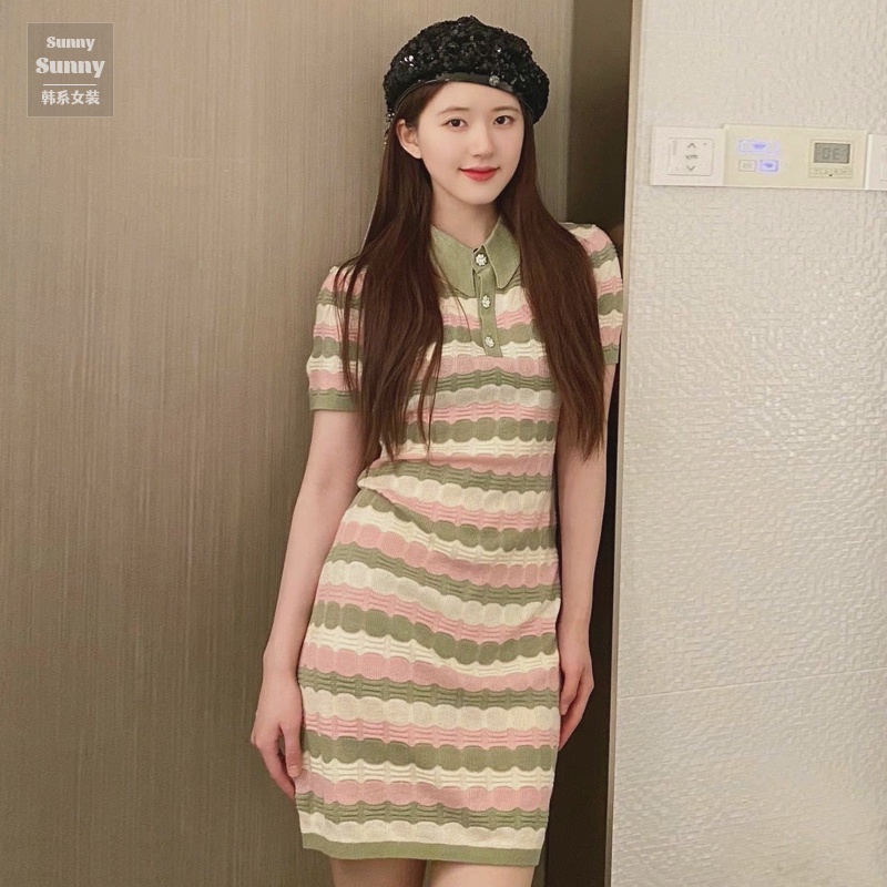 Đầm dệt kim ZHELIHANGFEI kẻ sọc cổ polo dáng ôm phong cách gợi cảm cho nữ