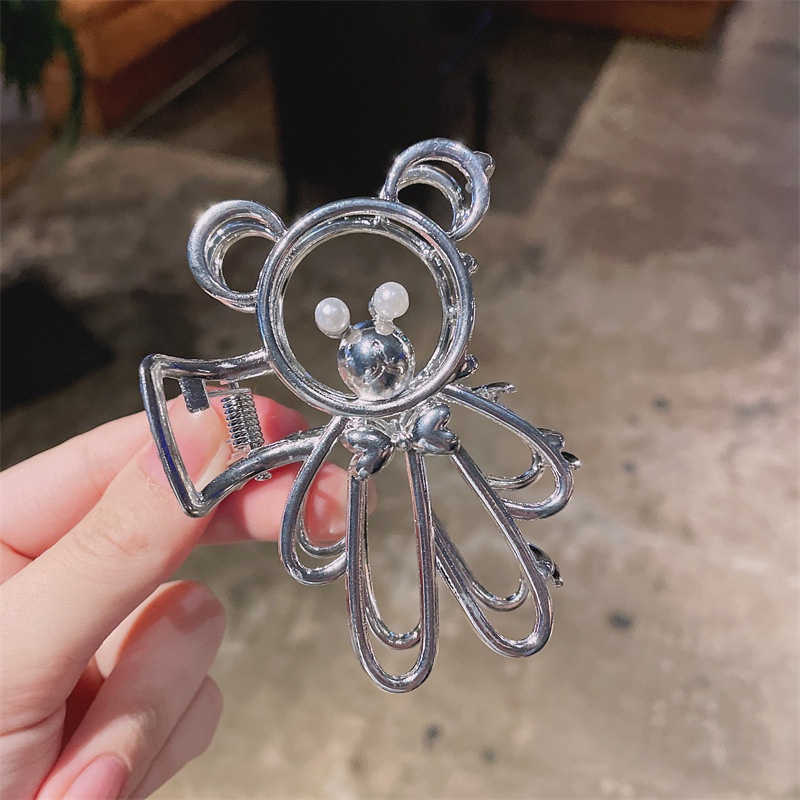 Kẹp tóc kim loại hình gấu đính ngọc trai sang trọng phong cách Hàn Quốc cho nữ