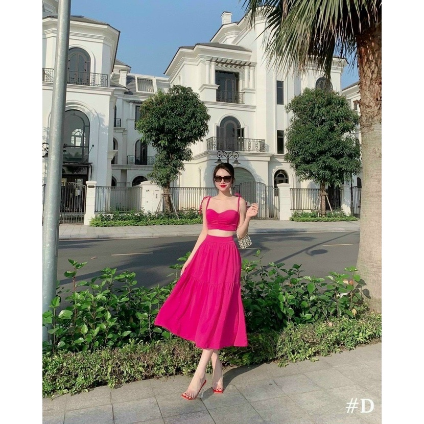 [10.10 Sale Freeship] Set đầm nữ áo hai dây croptop kèm chân váy dáng xòe bánh bèo xếp ly cho nàng đi chơi dạo phố