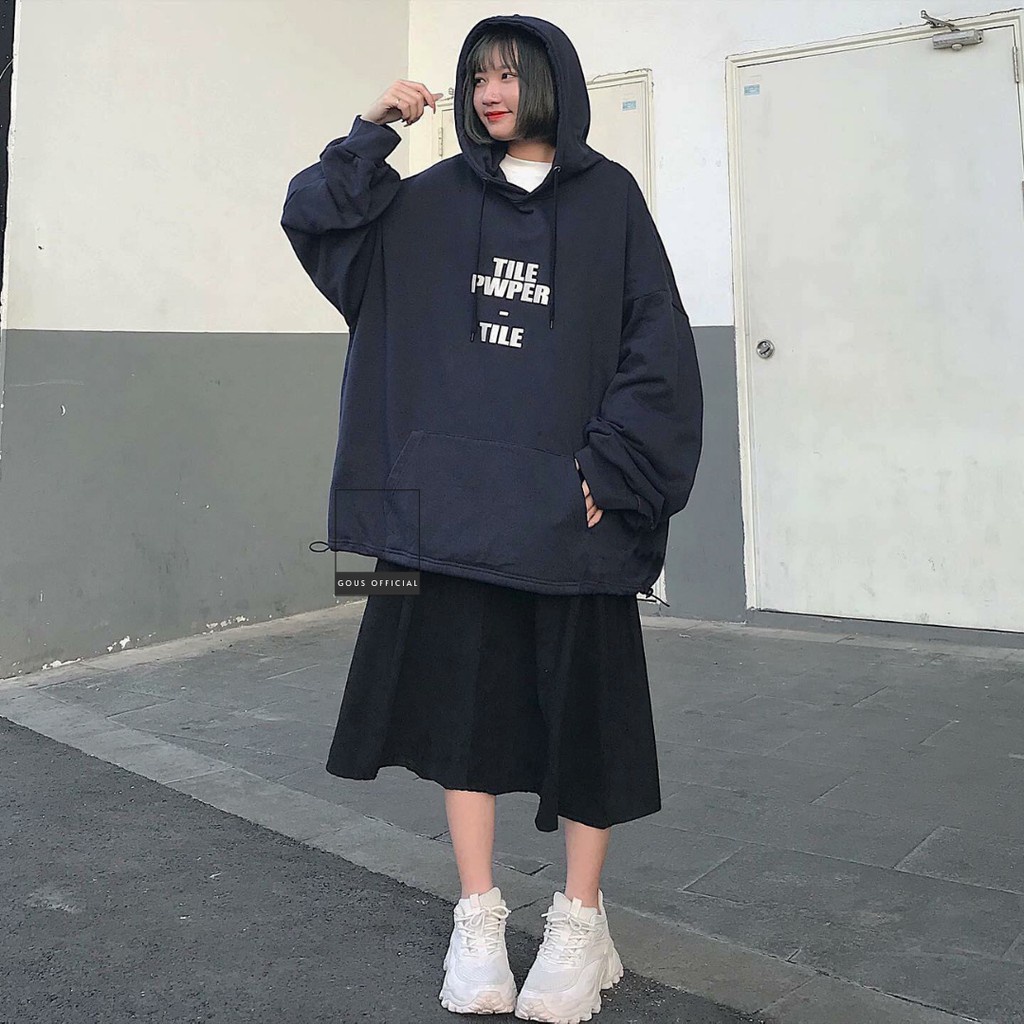 Áo Hoodie Nữ Form Rộng Màu Xanh Than Áo Sweater Có Mũ Rộng Tay Phồng Phong Cách Unisex Hàn Quốc TILE 1804 Gous Official