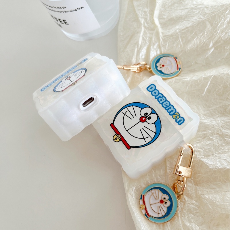 Vỏ Bảo Vệ Hộp Sạc Tai Nghe AirPods 1 2 3 Pro Họa Tiết Hoạt Hình Doremon Đính Ngọc Trai Sang Trọng