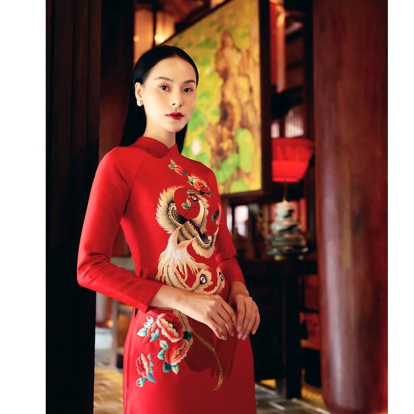 [TẶNG CÀI XINH] Áo dài truyền thống thêu cao cấp sang trọng thanh lịch màu đỏ hồng vàng tết chụp ảnh dự lễ giáo viên