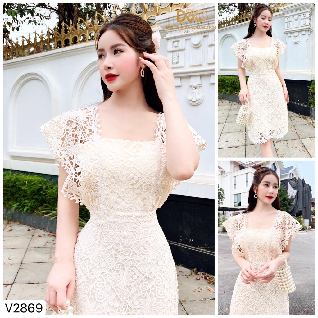 Váy chữ A ren kem cánh tiên cổ vuông siêu xinh V2869