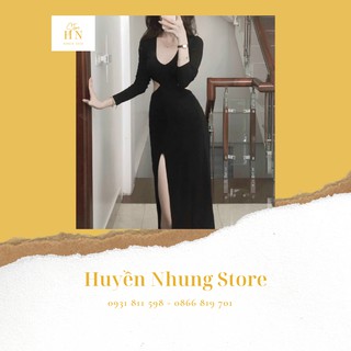 Đầm thun ôm body khoét eo tay dài xẻ ngực xẻ tà màu đen đẹp
