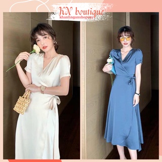 Váy đầm đẹp sang trọng cổ V, đầm trắng dự tiệc cao cấp chất liệu Lụa Pháp K N Boutique