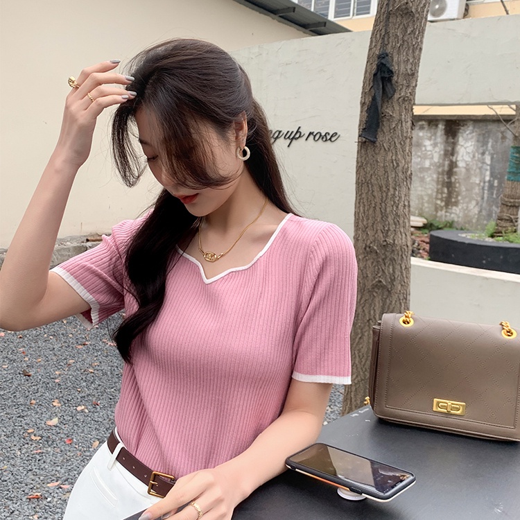 Áo Dệt Kim Ngắn Tay Cổ Vuông Màu Sắc Tương Phản Thời Trang