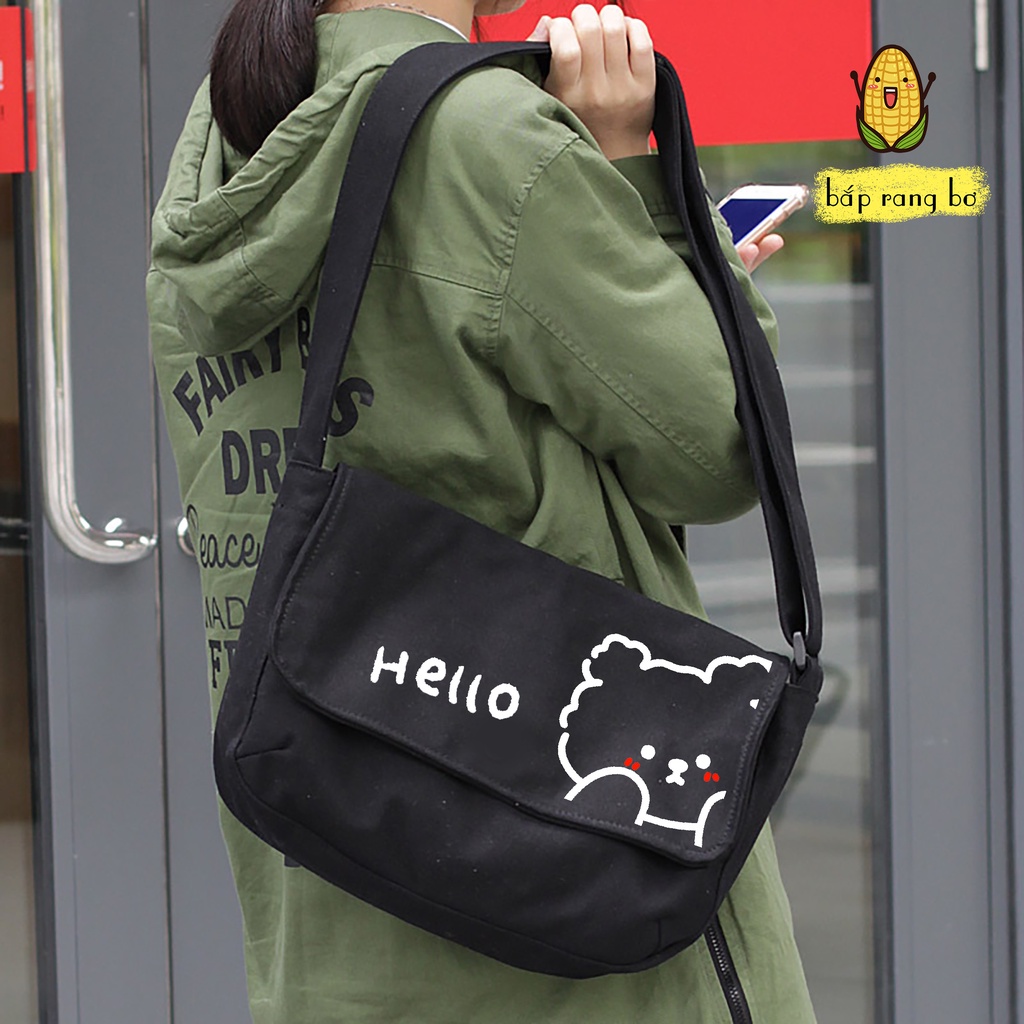 TÚI VẢI ĐEO CHÉO GẤU HELLO CÓ TÚI CON ĐỂ SÁCH A4 TOTE CANVAS ĐI HỌC ĐI CHƠI