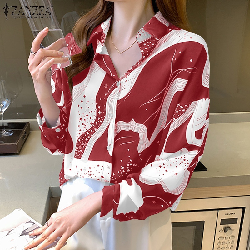 Áo Zanzea cổ áo gập xuống họa tiết in ấn kiểu dáng rộng rãi thời trang đơn giản phong cách Hàn Quốc cho nữ