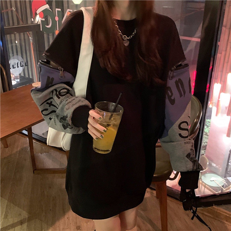 Áo Sweater Tay Dài Dáng Rộng Có Khóa Kéo In Họa Tiết Phong Cách Hàn Quốc Cho Nữ