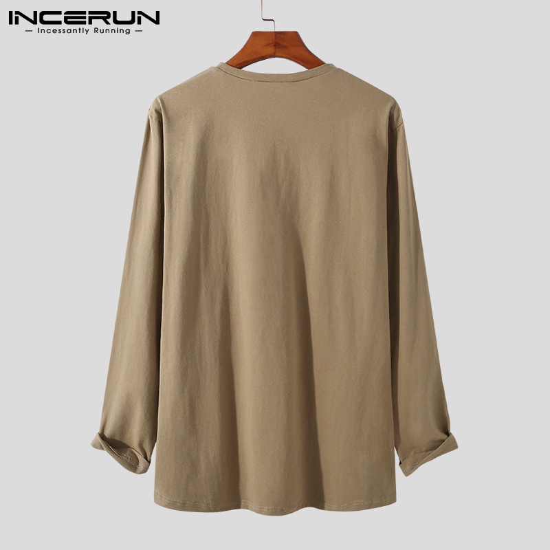Áo cotton INCERUN dài tay cổ tròn có độ co giãn thoải mái dành cho nam