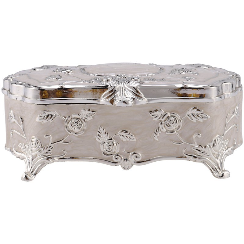 Vintage Jewellery Case Fashion Jewelry Box White Enamel Zinc-Alloy Metal Trinket Box Flower Carved Toothpick Storage