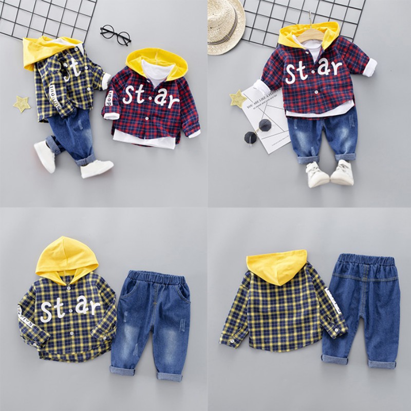 Set áo hoodie sọc caro kèm quần jeans thời trang cho bé trai