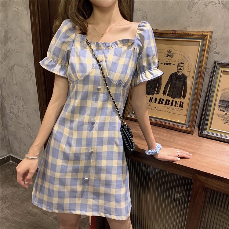 Đầm Tay Ngắn Họa Tiết Sọc Caro Phong Cách Retro Pháp | BigBuy360 - bigbuy360.vn