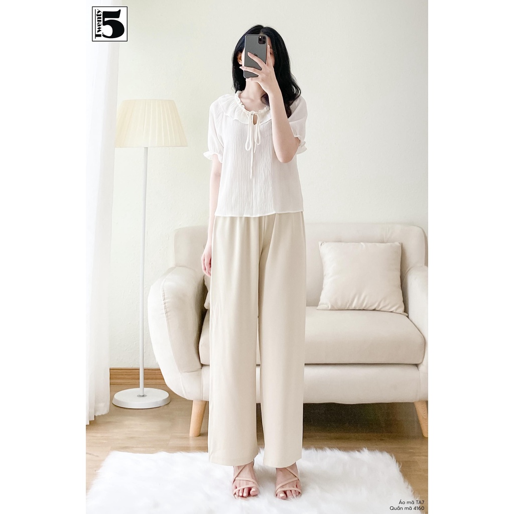 Áo sơ mi kiểu nữ bèo cổ thắt dây nơ chất thun xốp Twentyfive TA7