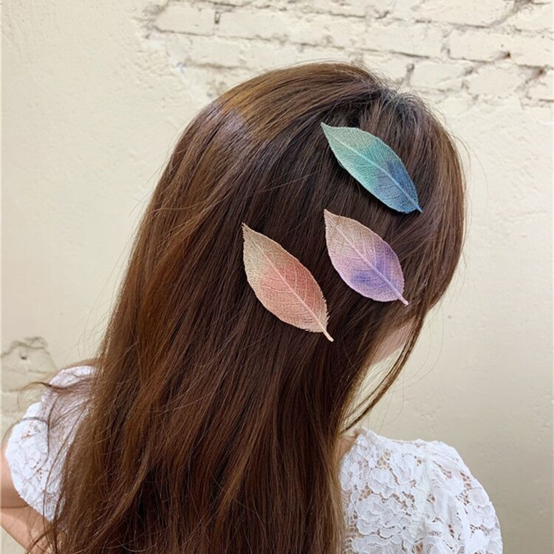 Kẹp tóc BB hình lá thêu màu Gradient thời trang thanh lịch cho nữ