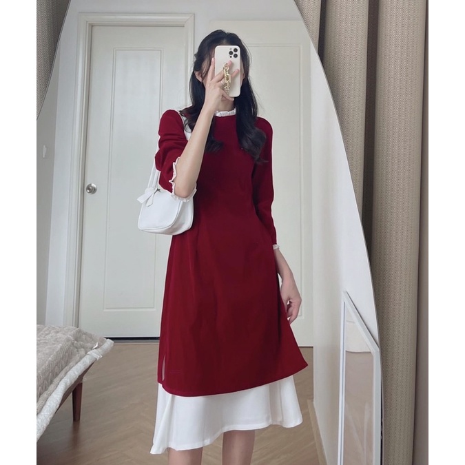 Set Áo Dài Nhung Tăm Kèm Chân Váy Xoè