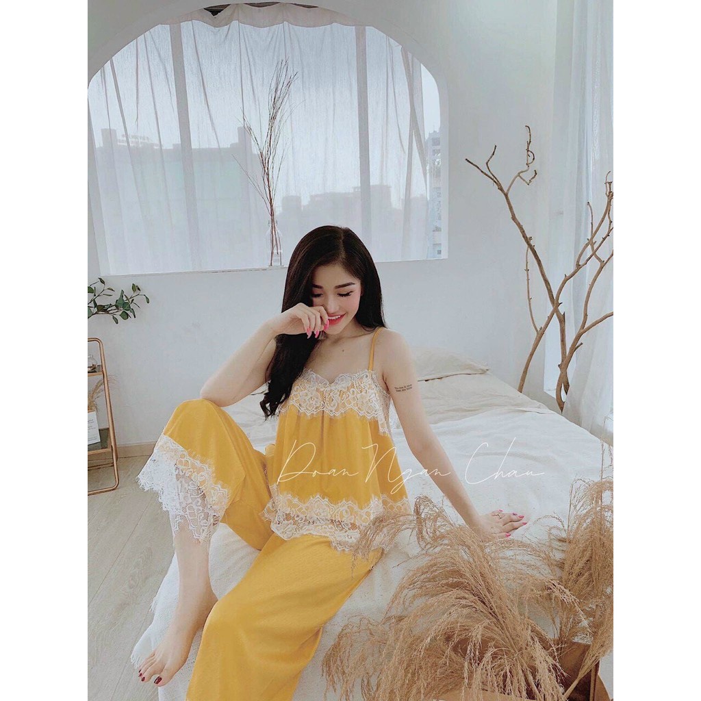 Set Đồ Ngủ Áo 2 Dây &amp; Quần Phối Ren Lụa Satin Siêu Mát Freesize