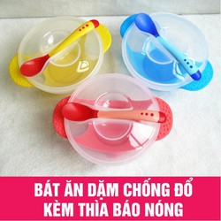 Bát ăn dặm chống đổ kèm thìa báo nóng cảm biến màu an toàn cho bé