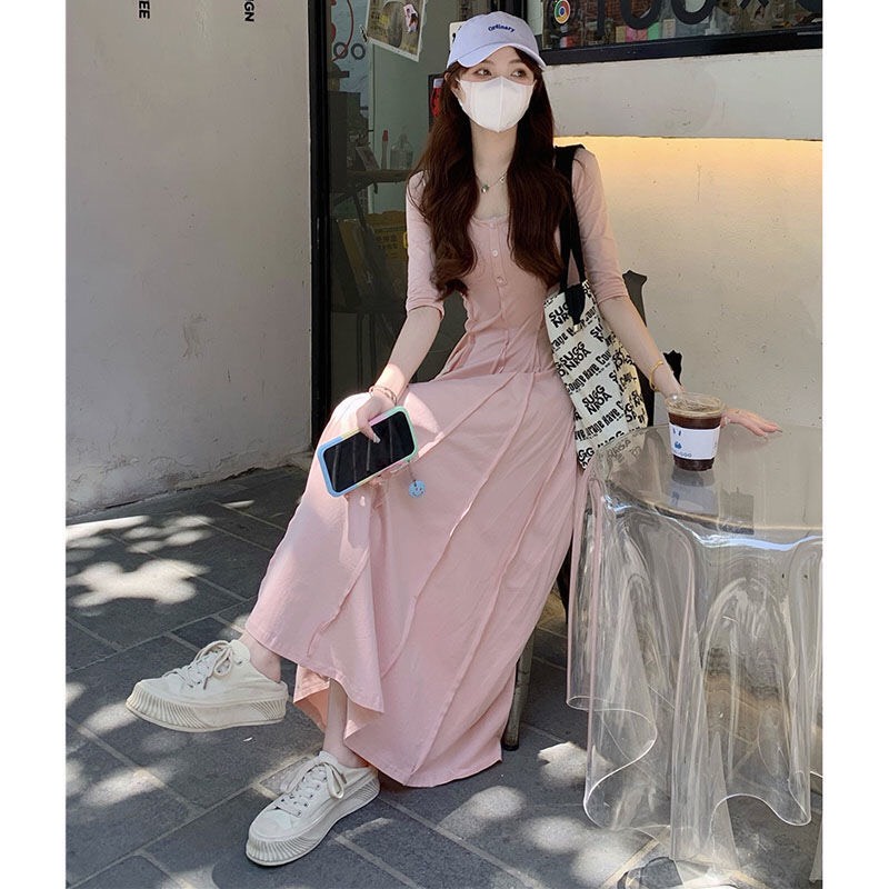 Váy dài dáng xòe chất thun cotton dày dặn co giản 4 chiều,đầm dáng dài cổ tròn tay lững dấu bụng tôn dáng giá rẻ.