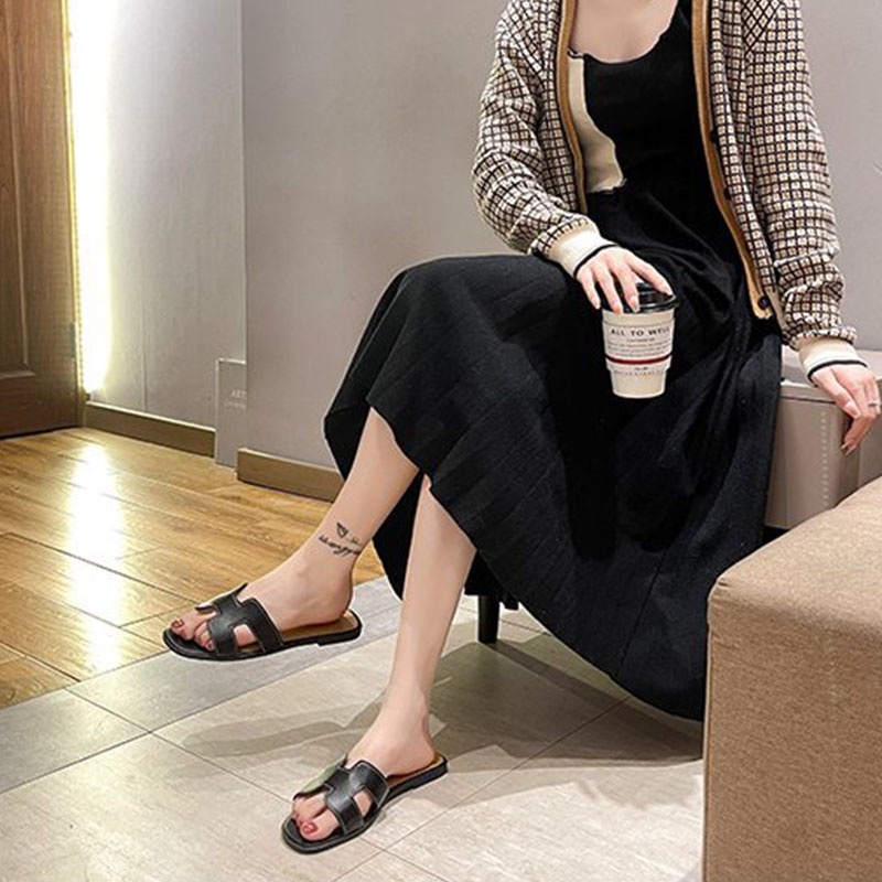 Big Size 35-41 Dép chữ h nữ đế chống trơn trượt thời trang - Giày Nữ Đen
