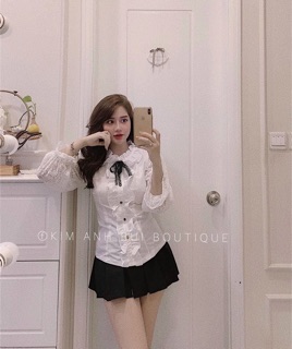 ÁO SƠ MI REN TRẮNG CỔ PHỐI NƠ ĐEN