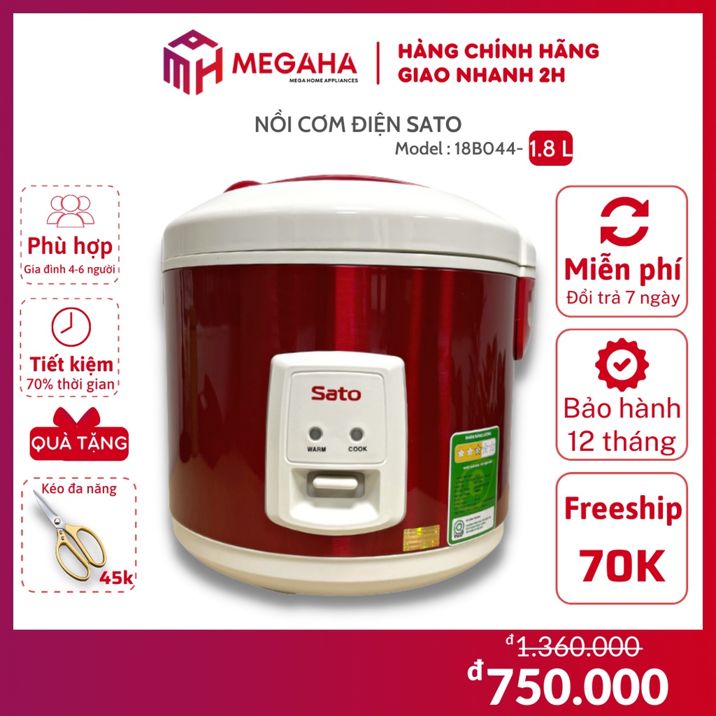 Nồi cơm điện dung tích 1.8L SATO 18B044, bảo hành 12 tháng