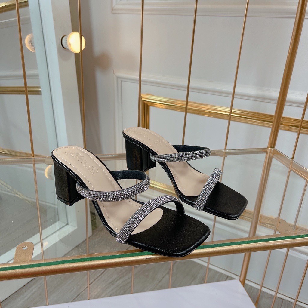 Guốc nữ 7 phân đế vuông đính ngọc tiểu thư Thiên Hương Giày VNXK BP45L152 Dép cao gót Sandal 7p cm 3 màu trắng đen bạc