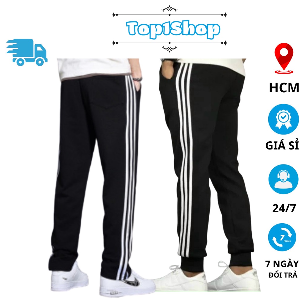 Quần thể dục 3 sọc dáng dài ống suông và bo gấu kiểu jogger tập gym nam nữ unisex có túi lớn màu đen M00