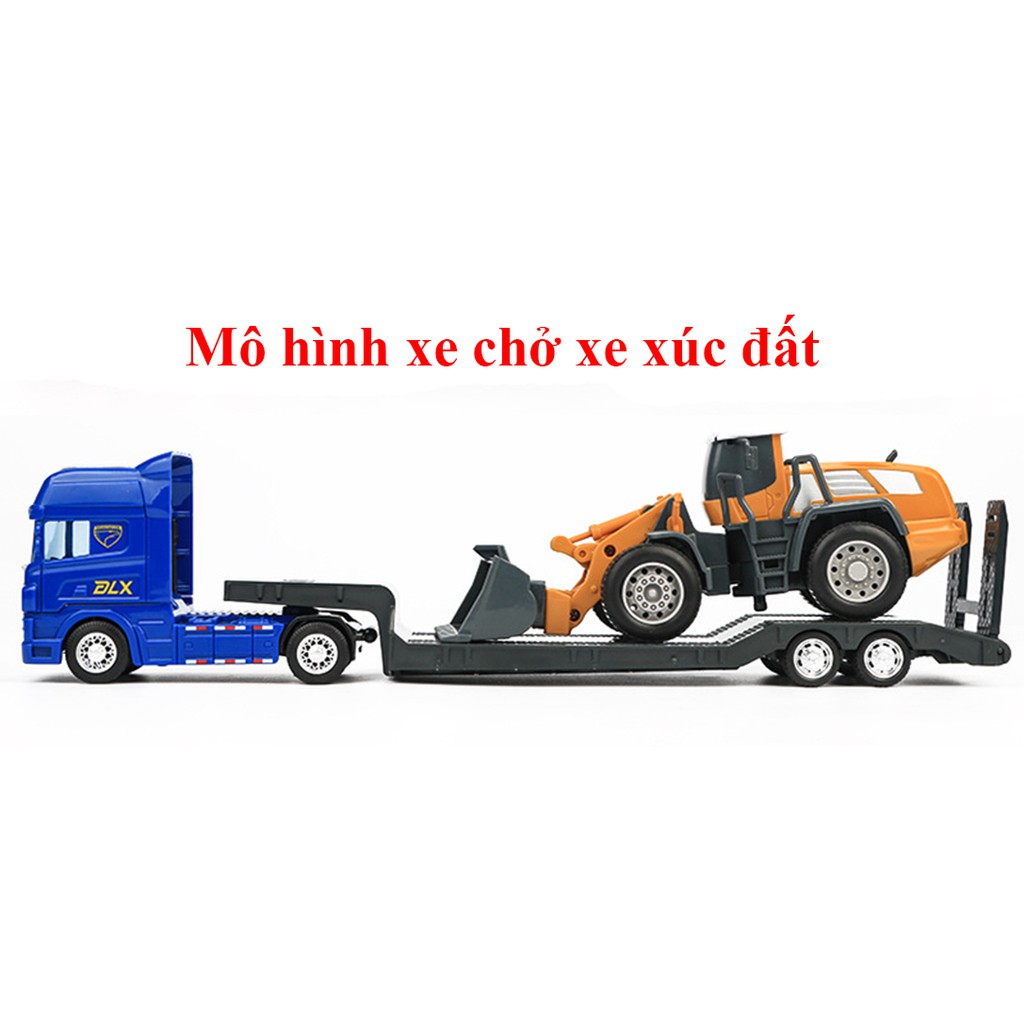 Đồ chơi xe đầu kéo chở xe xúc đất (gồm 2 xe) nhựa ABS an toàn chạy đà tháo được rơ móc
