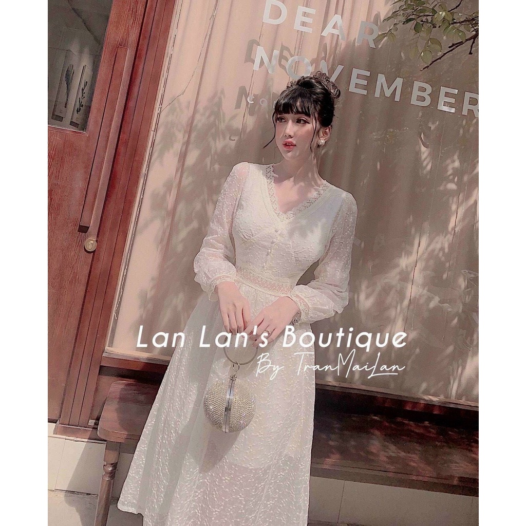 Đầm ren thiết kế dài tay, đầm ren xòe 2 lớp màu be cổ V viền bèo ren tiểu thư sang chảnh