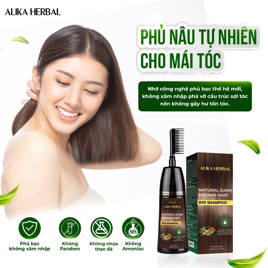 Dầu Gội Phủ Bạc ALIKA Màu  200ML, Thảo Dược Nhuộm Đen Tóc Chính Hãng Alika Natural Dark Brown Hair Dye Shampoo