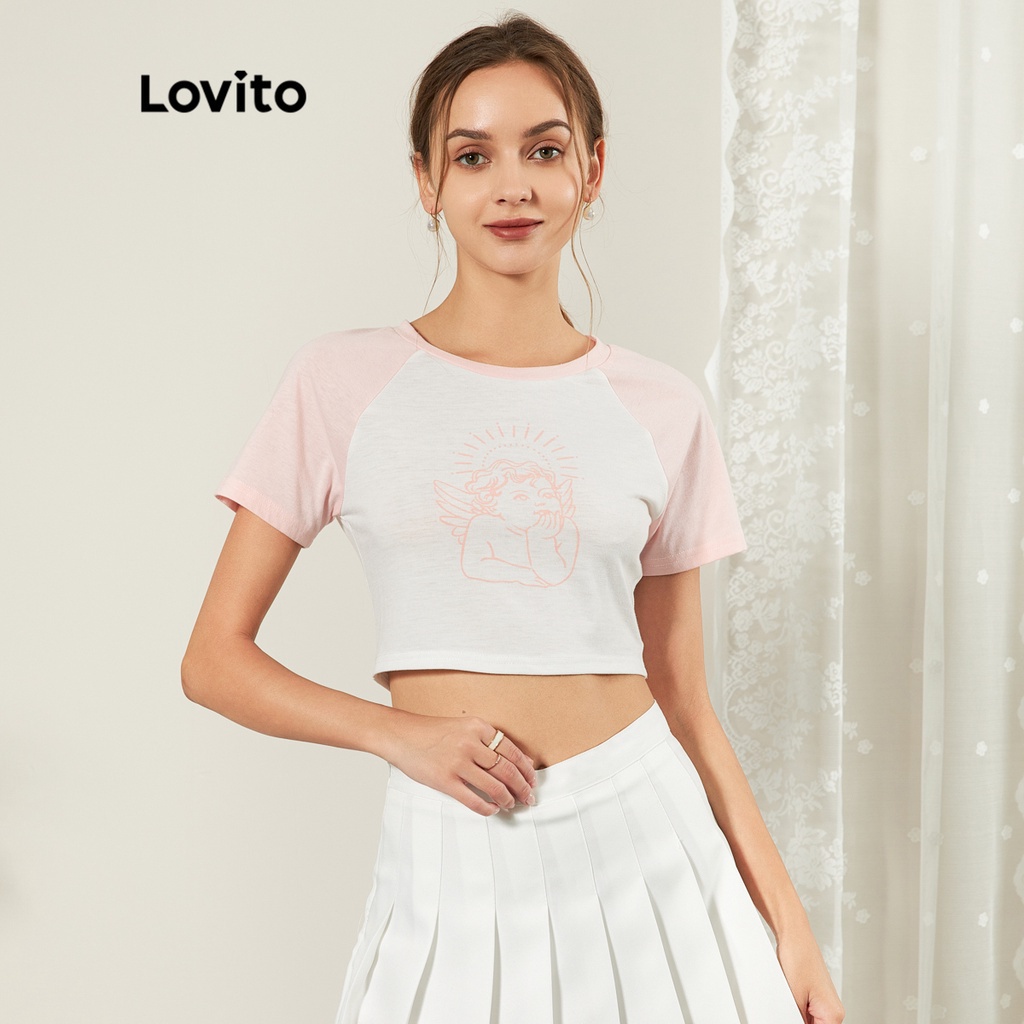 Lovito Đồ HọA Dễ Thương Thiên ThầN Raglan Áo Phông Crop Tay L25Ed106 (Trắng)