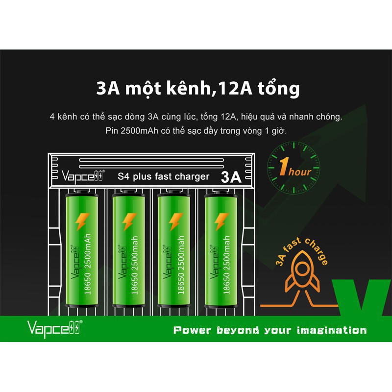 Sạc pin đa năng cao cấp VAPCELL S4 PLUS v2 4 khe cắm dòng sạc lên đến 12A tương thích với nhiều loại pin