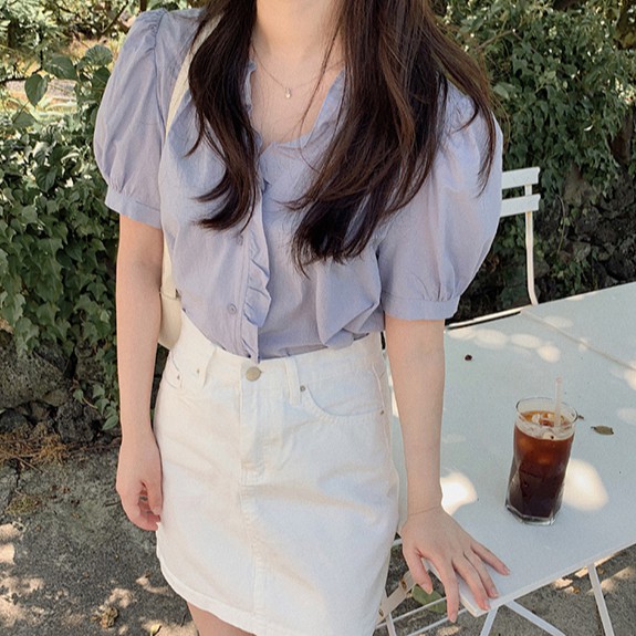 Áo sơ mi nữ bèo nhún màu trơn tay ngắn phong cách mới 43046