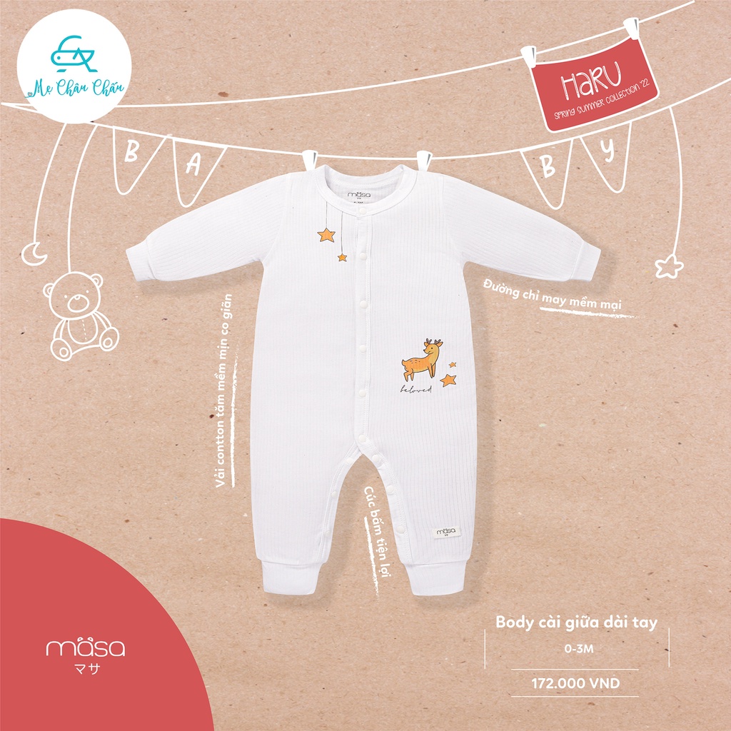 Bộ Body Cài Giữa Dài Tay Cotton Tăm Hè BST Masa Haru  (Size 0-3 Tháng đến 6-9 Tháng)