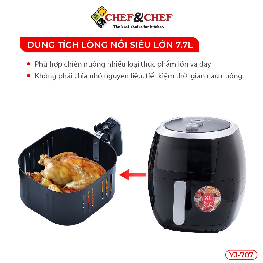 Nồi chiên không dầu CHEF&CHEF 7.7l (YJ – 707) ứng dụng công nghệ Rapid Air đảo nhiệt 360 độ giúp thực phẩm chín đều